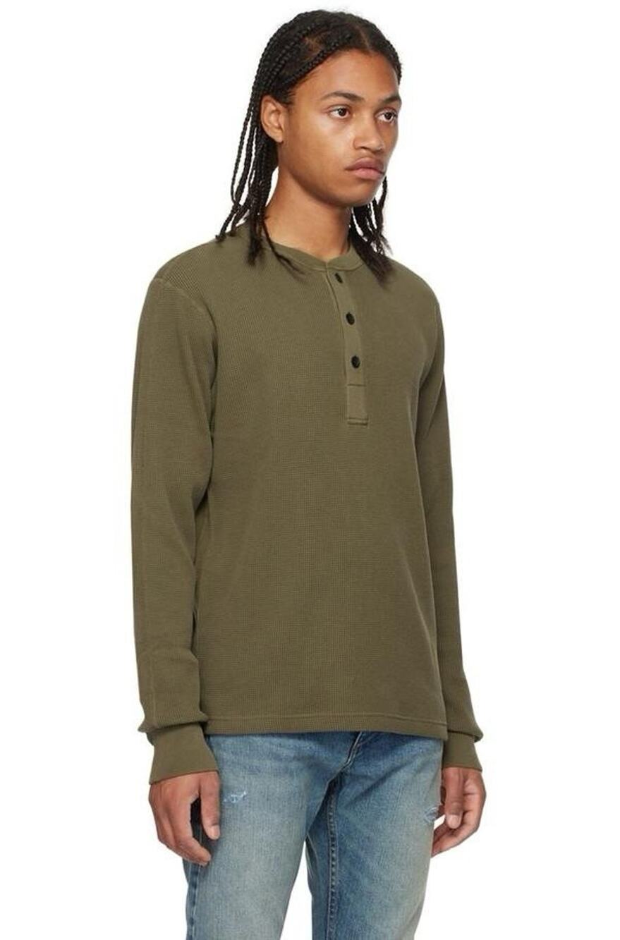 Rag & Bone Khaki Garment Dyed Henley Olive Thermal Knit Long Sleeve Shirt XL